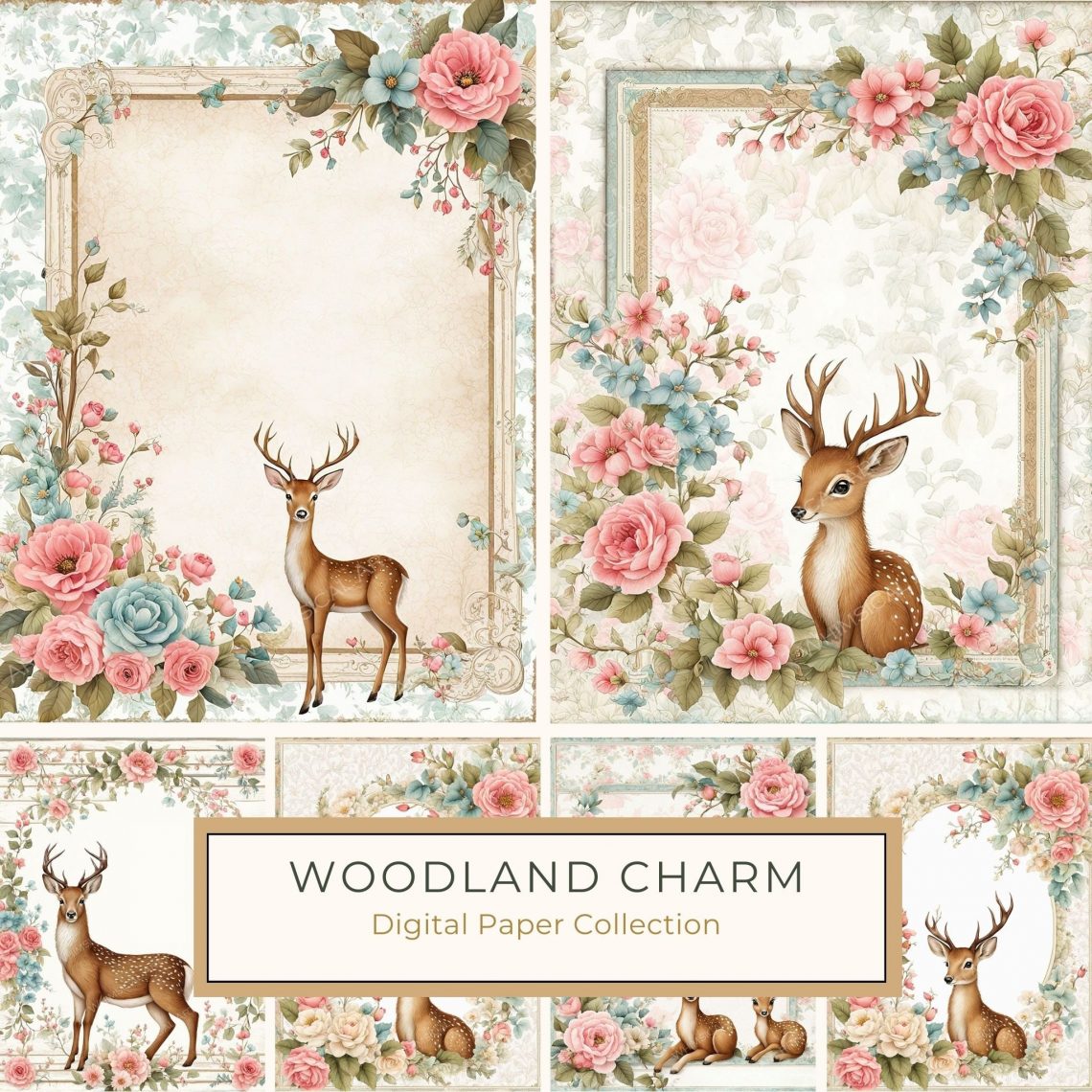 Elegant Floral Deer Watercolor Design - Perfect for Crafts & Cards, watercolor deer, floral design, vintage frame, digital paper, crafting supplies,1726746743