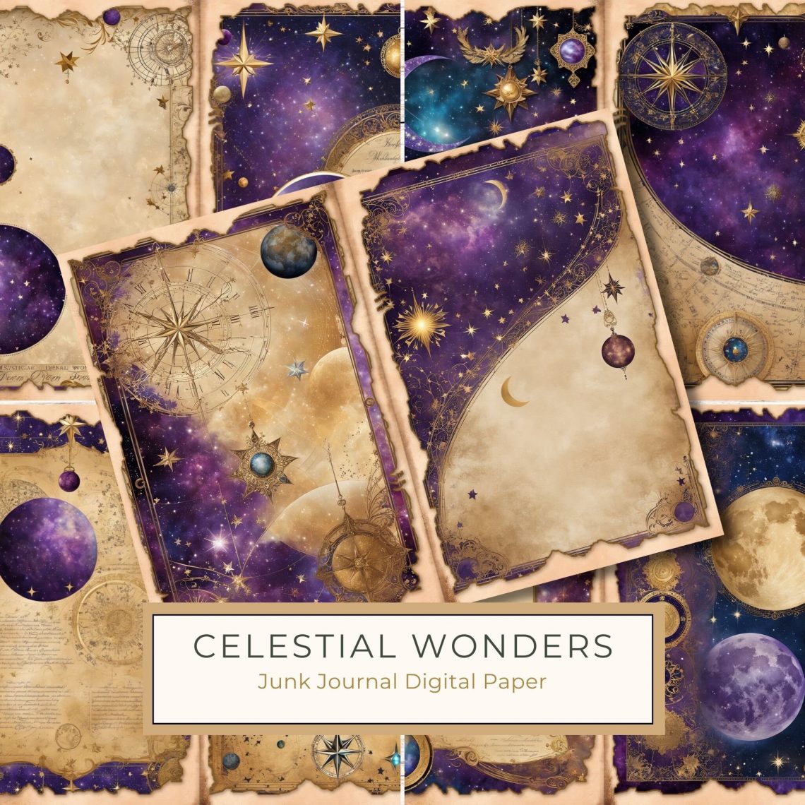 Celestial Watercolor Digital Paper - Mystical Journal and Scrapbooking Backgrounds, celestial paper, watercolor digital, mystical designs, scrapbooking backgrounds, cosmic aesthetics,1684933003