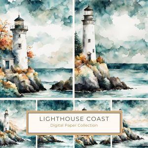 Watercolor Coastal Lighthouse Digital Paper - Ocean Waves & Stormy Sky Aesthetic, watercolor lighthouse, ocean digital paper, coastal crafting, nautical theme, DIY scrapbooking,1779513610