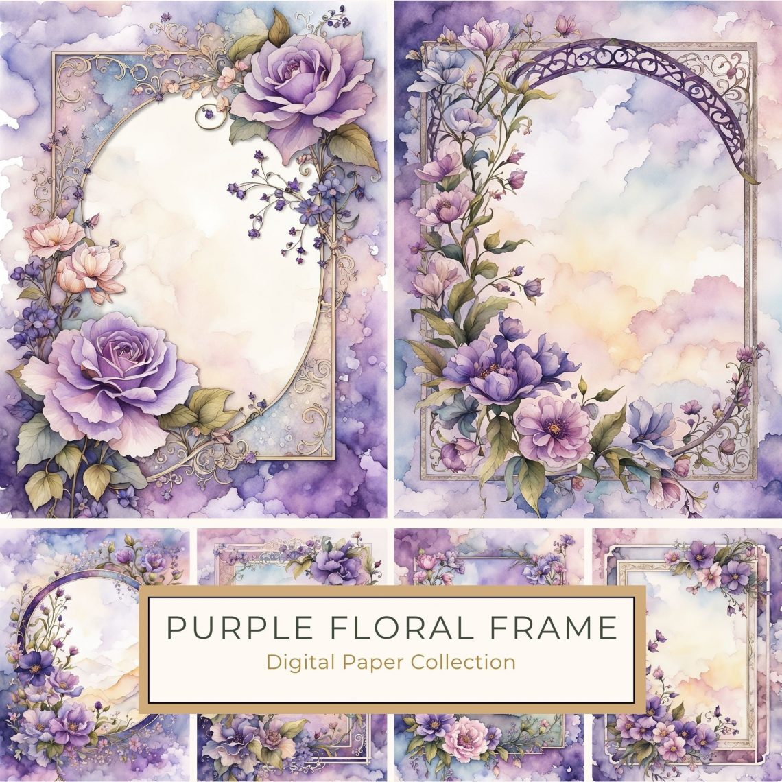 Elegant Watercolor Floral Frame with Purple Pastel Blossoms - Perfect for Craft Projects, watercolor floral frame, purple flowers digital paper, pastel craft supplies, wedding invitation background, scrapbooking printable,1704781082