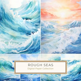 Serene Watercolor Ocean Waves with Vibrant Sunset Sky Digital Paper, watercolor ocean, sunset waves, digital paper, coastal design, summer crafts,1506775460