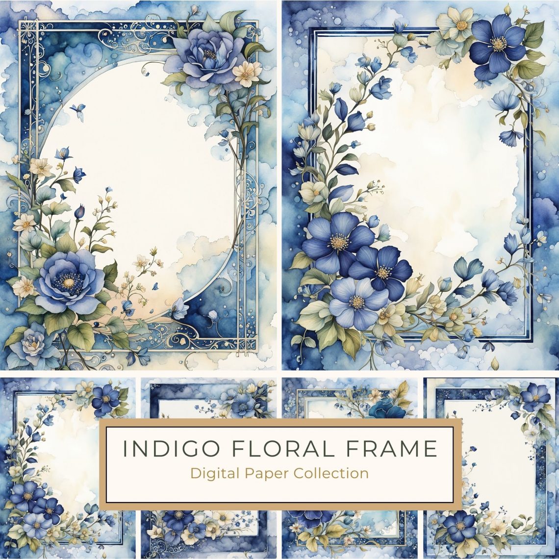 Enchanting Blue Watercolor Floral Frame Digital Paper for Crafts & Design, blue floral frame, watercolor floral digital paper, botanical stationery, DIY crafts, wedding invitations,1718963275