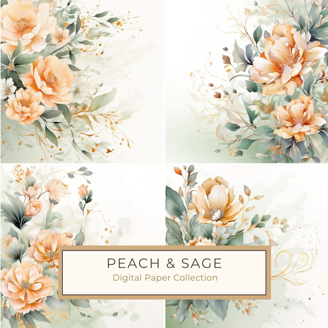 Elegant Watercolor Floral Digital Paper - Golden Peach & Sage Design, watercolor floral, peach and sage, digital paper, elegant design, creative crafts,1631995320