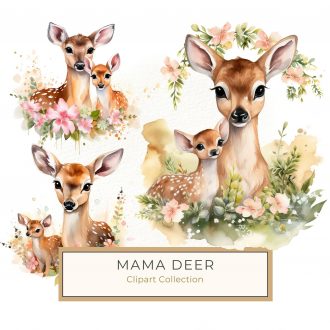 Mother and Baby Deer Watercolor with Floral Accents - Charming Digital Paper, watercolor deer art, floral nature design, baby deer clipart, woodland animal decor, rustic crafting supplies,1541309892