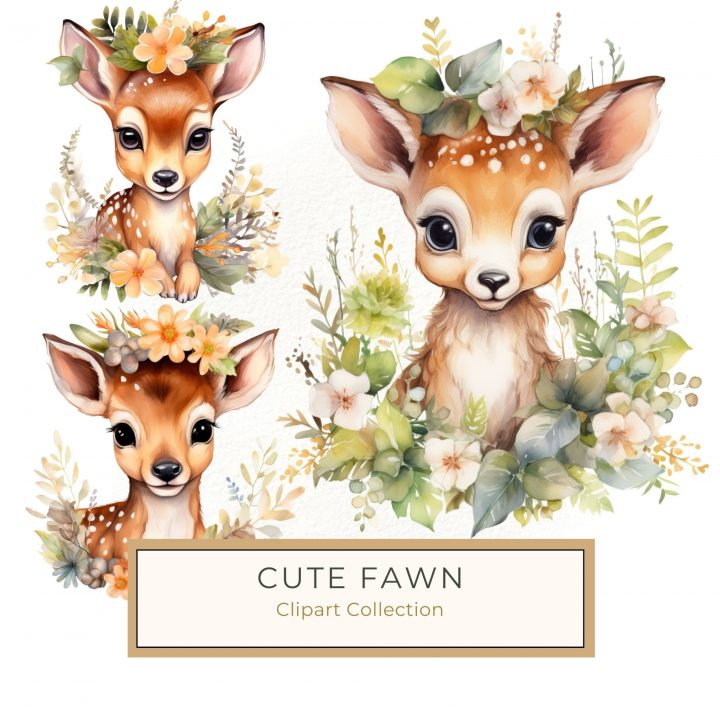 Adorable Watercolor Baby Deer Clipart with Floral Accents, PNG & JPG, ,1555478575