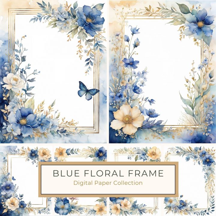 Elegant Blue & Gold Watercolor Floral Digital Frame, watercolor floral frame, blue and gold floral design, digital frame for crafts, wedding invitation design, scrapbook embellishments,1715733803