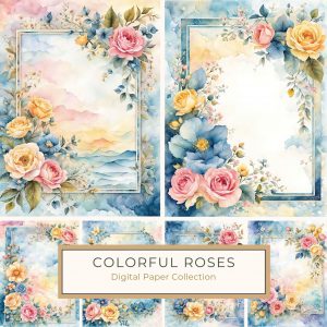 Watercolor Floral Frame - Pastel Roses & Blossoms Digital Paper, watercolor roses, floral digital paper, pastel flowers, scrapbooking paper, wedding stationery,1712445004