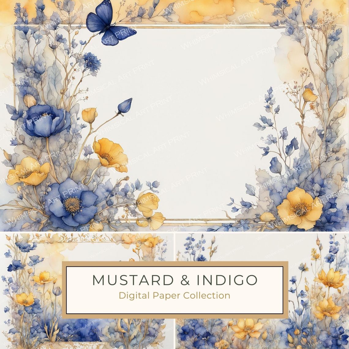 Elegant Watercolor Floral Frame in Gold and Blue Tones for Card Design, watercolor floral frame, blue and yellow flowers, wedding invite design, DIY card decor, botanical digital paper,1728154359