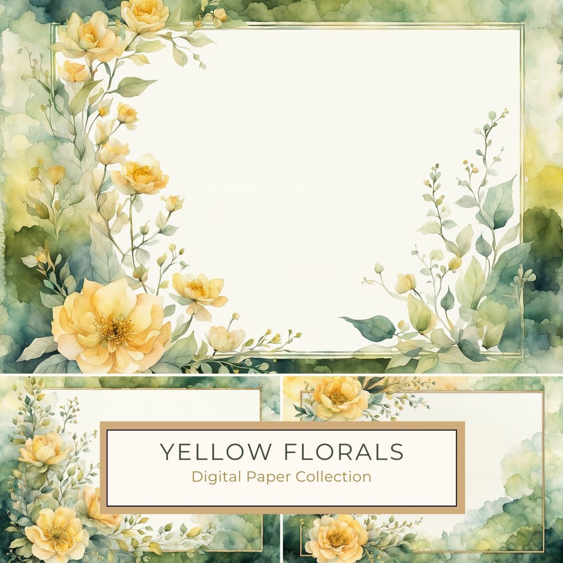 Elegant Yellow Floral Watercolor Border Background for DIY Projects, yellow floral border, watercolor digital paper, elegant flower clipart, wedding invitation design, DIY craft projects,1703762664