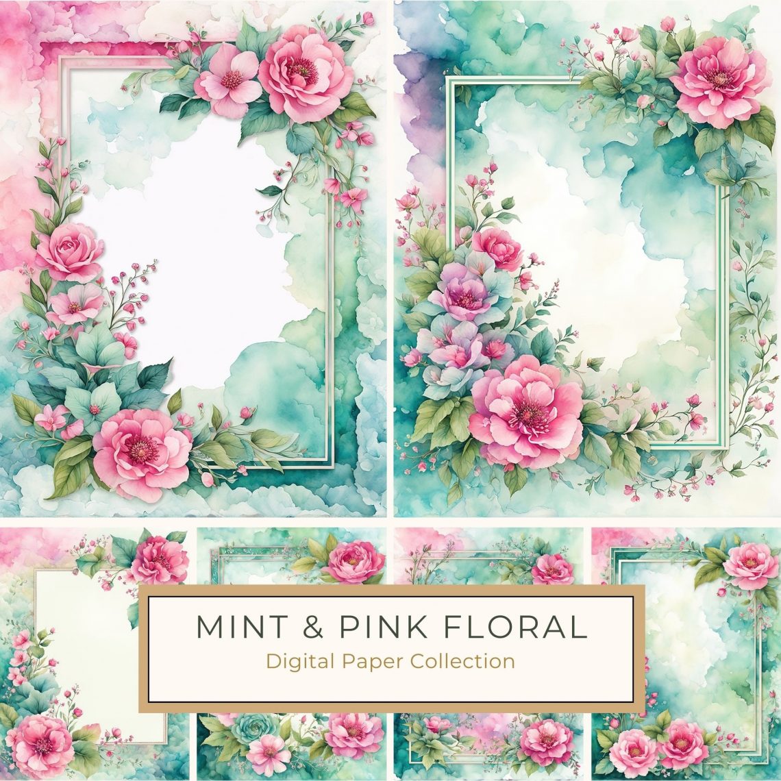 Watercolor Pink Blossoms and Butterflies Floral Frame Digital Paper, Watercolor Flowers, Floral Digital Paper, Pink Blossoms, Scrapbooking Paper, DIY Craft Supplies,1708182352