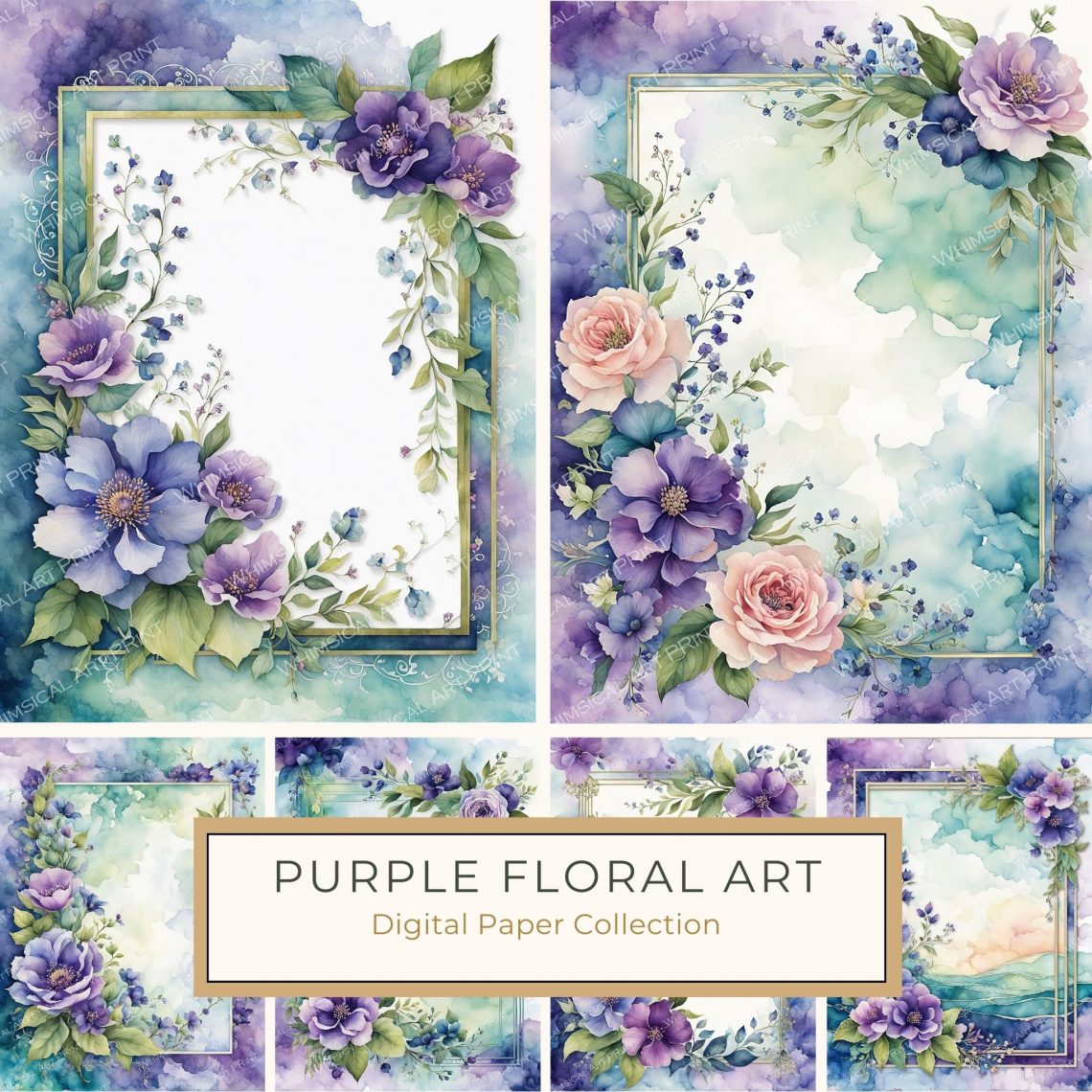 Elegant Purple and Blue Watercolor Floral Frame - Digital Paper Design, watercolor floral frame, purple and blue flowers, digital paper, scrapbooking, DIY stationery,1726614281