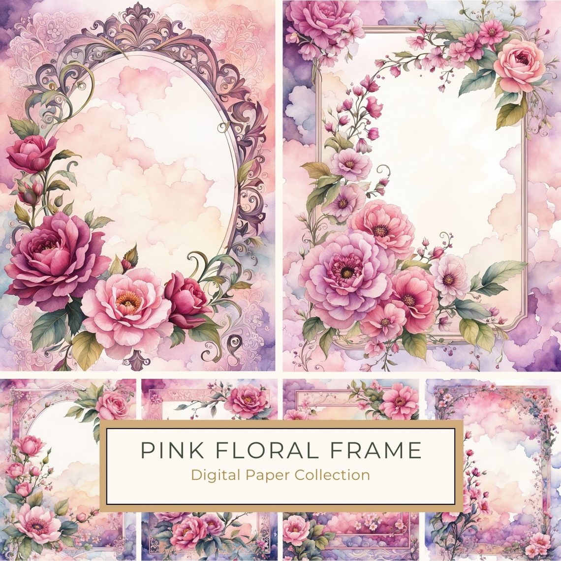 Elegant Watercolor Floral Frame Digital Paper - Perfect for DIY Crafts, watercolor floral paper, pink rose background, romantic digital frame, wedding craft supplies, DIY scrapbooking paper,1708204558