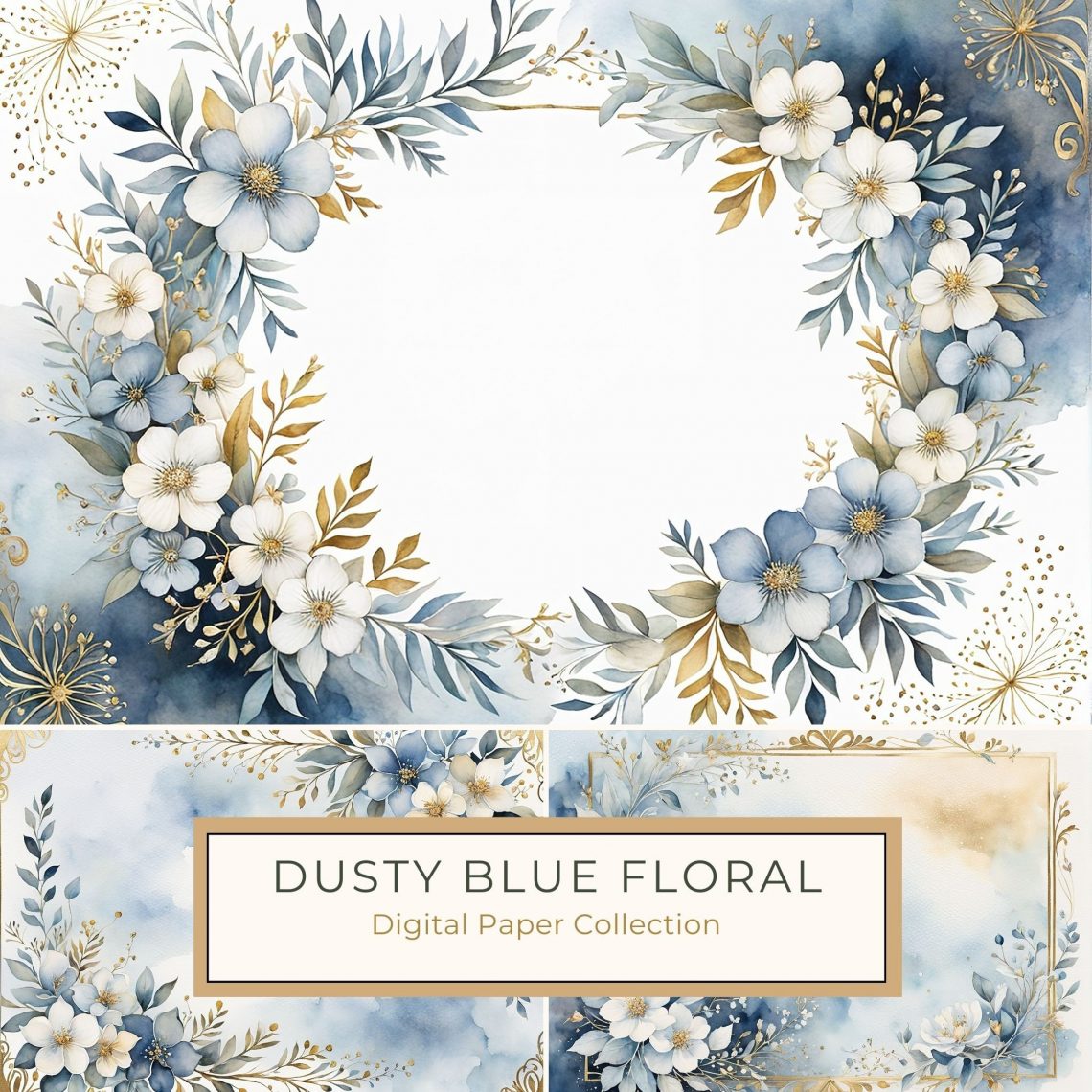 Elegant Blue and Gold Watercolor Floral Border for DIY Crafts, watercolor flowers, blue floral border, gold accents, digital paper, DIY crafts,1755142060