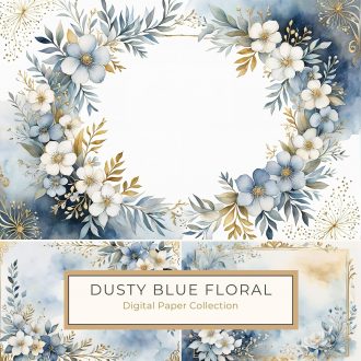 Elegant Blue and Gold Watercolor Floral Border for DIY Crafts, watercolor flowers, blue floral border, gold accents, digital paper, DIY crafts,1755142060