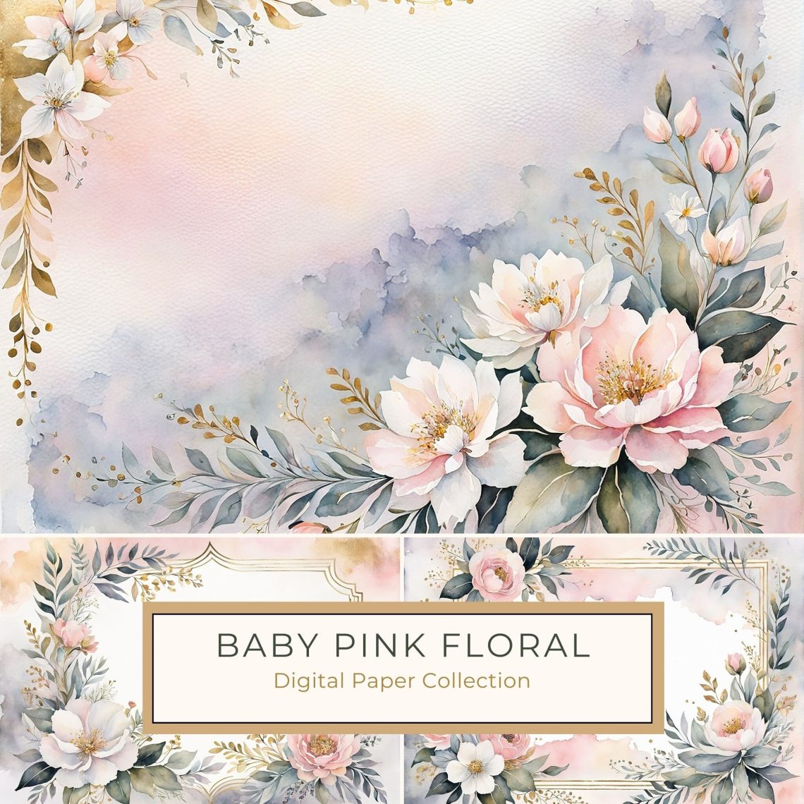 Elegant Watercolor Floral Border Digital Paper - Pastel Pink, White & Gold Frame, watercolor floral, pink and gold frame, digital paper, wedding invitation design, scrapbooking background,1755142696