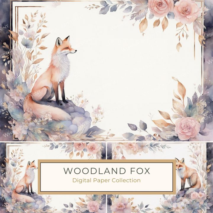 Watercolor Fox and Floral Border Digital Paper for DIY Projects, watercolor fox, floral border, digital paper, DIY crafts, elegant stationery,1769321959