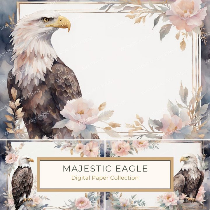 Elegant Watercolor Bald Eagle and Floral Frame Digital Paper, watercolor, floral frame, bald eagle, digital paper, craft supplies,1769333491