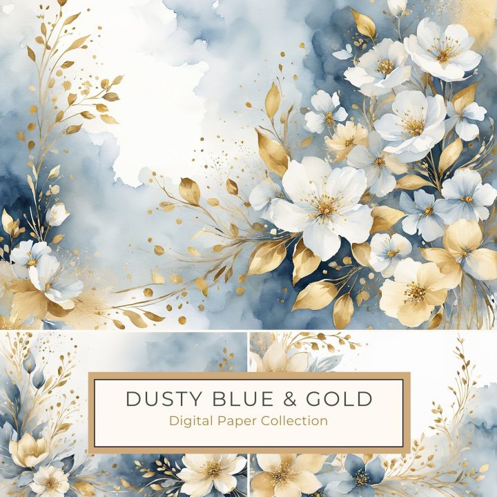 Elegant Gold and Blue Watercolor Floral Digital Paper for DIY Crafts and Scrapbooking, watercolor floral paper, gold blue digital paper, elegant scrapbooking designs, wedding invitation paper, floral crafting sheets,1769335357