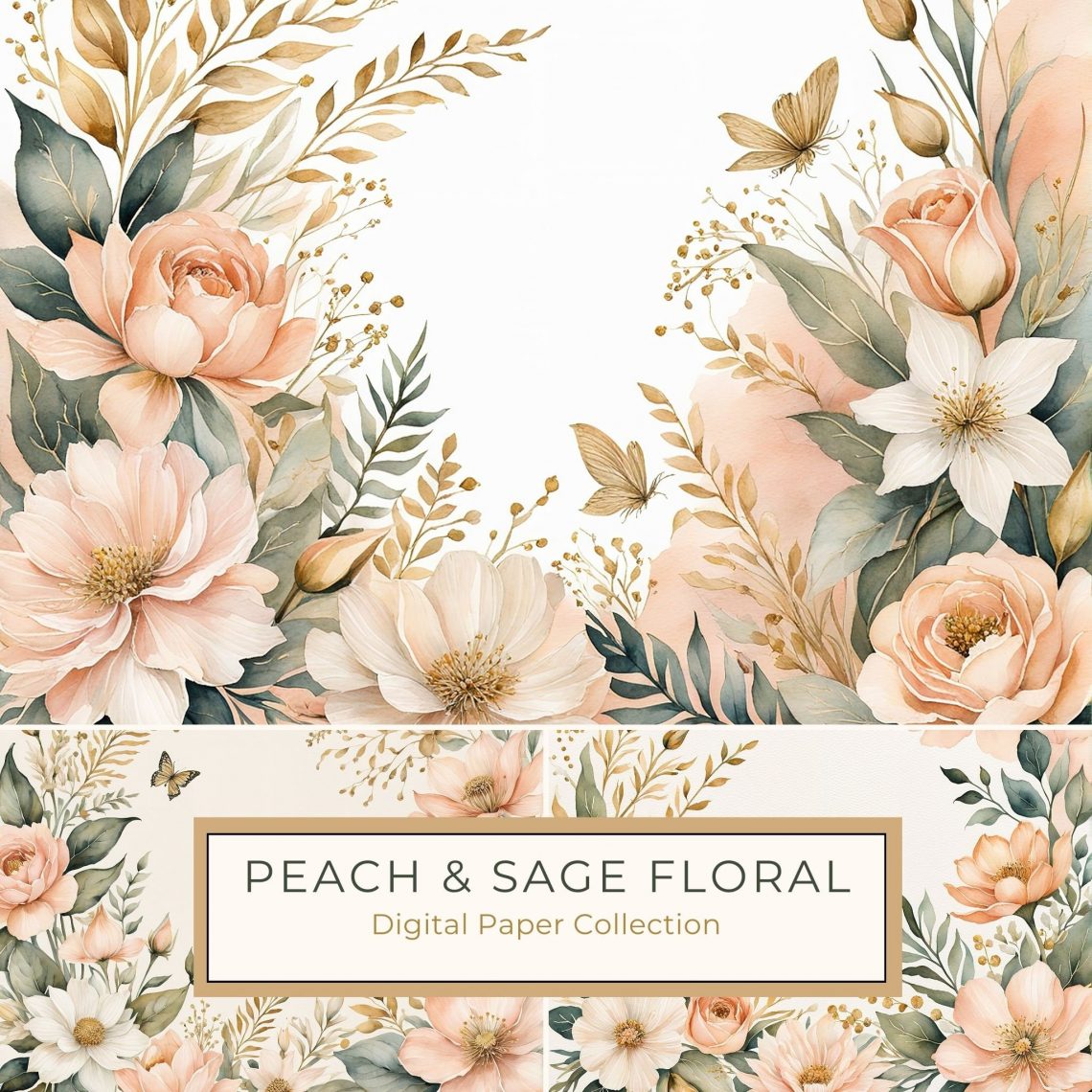 Elegant Watercolor Floral Digital Paper with Soft Peach and Greenery Border, watercolor floral, peach flowers, greenery border, wedding stationery, botanical digital paper,1769336047