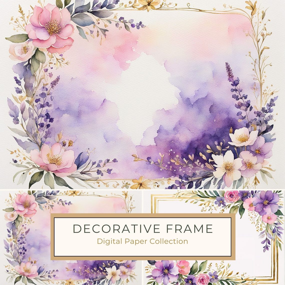 Elegant Watercolor Floral Frame with Purple and Gold Accents - Perfect for DIY Projects, watercolor floral frame, purple and gold design, wedding stationery, DIY craft supplies, floral scrapbooking,1769336623