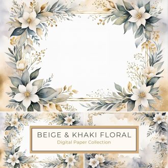 Elegant Watercolor Floral Border with Cream Blooms and Gold Accents, watercolor floral border, elegant digital paper, gold accent clipart, DIY craft supplies, wedding invitation art,1769338269