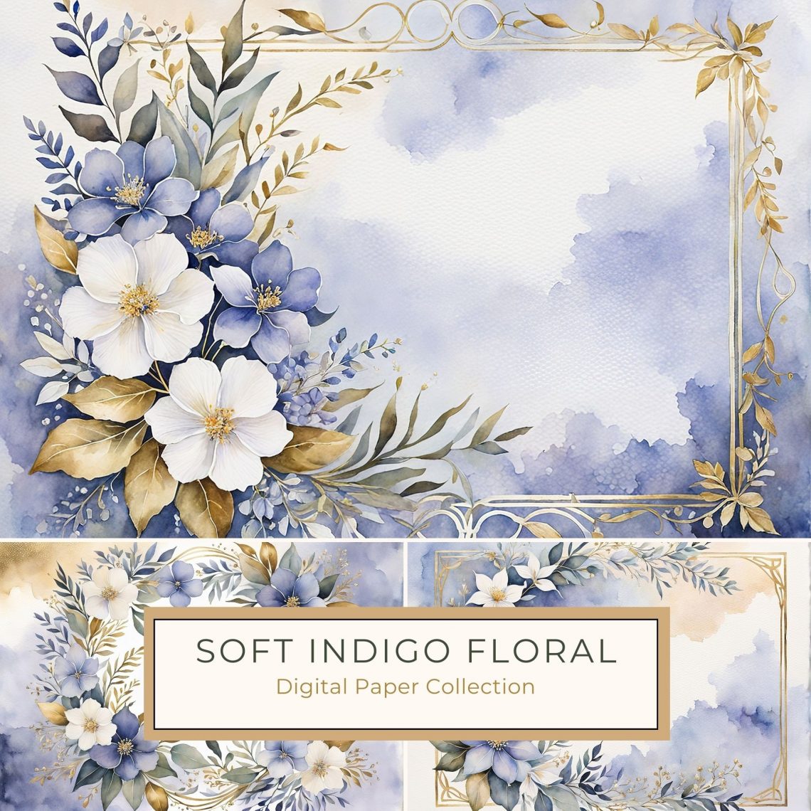 Elegant Watercolor Floral Frame with Blue, Gold & White Accents, watercolor floral frame, blue and gold florals, wedding stationery design, botanical scrapbook paper, floral card design,1769338837