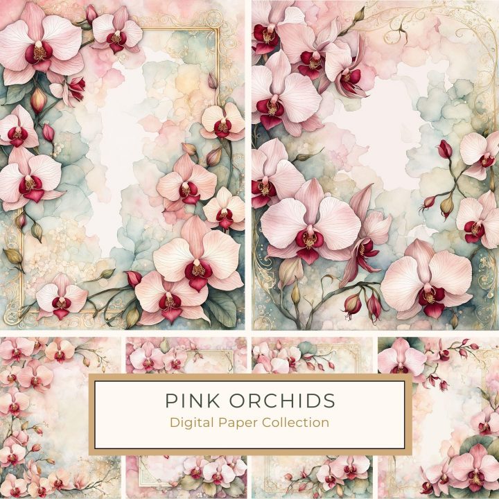 Elegant Watercolor Pink Orchid Frame Digital Paper for DIY & Crafts, watercolor orchids, flower frame, pastel digital paper, elegant crafts, floral background,1779449150