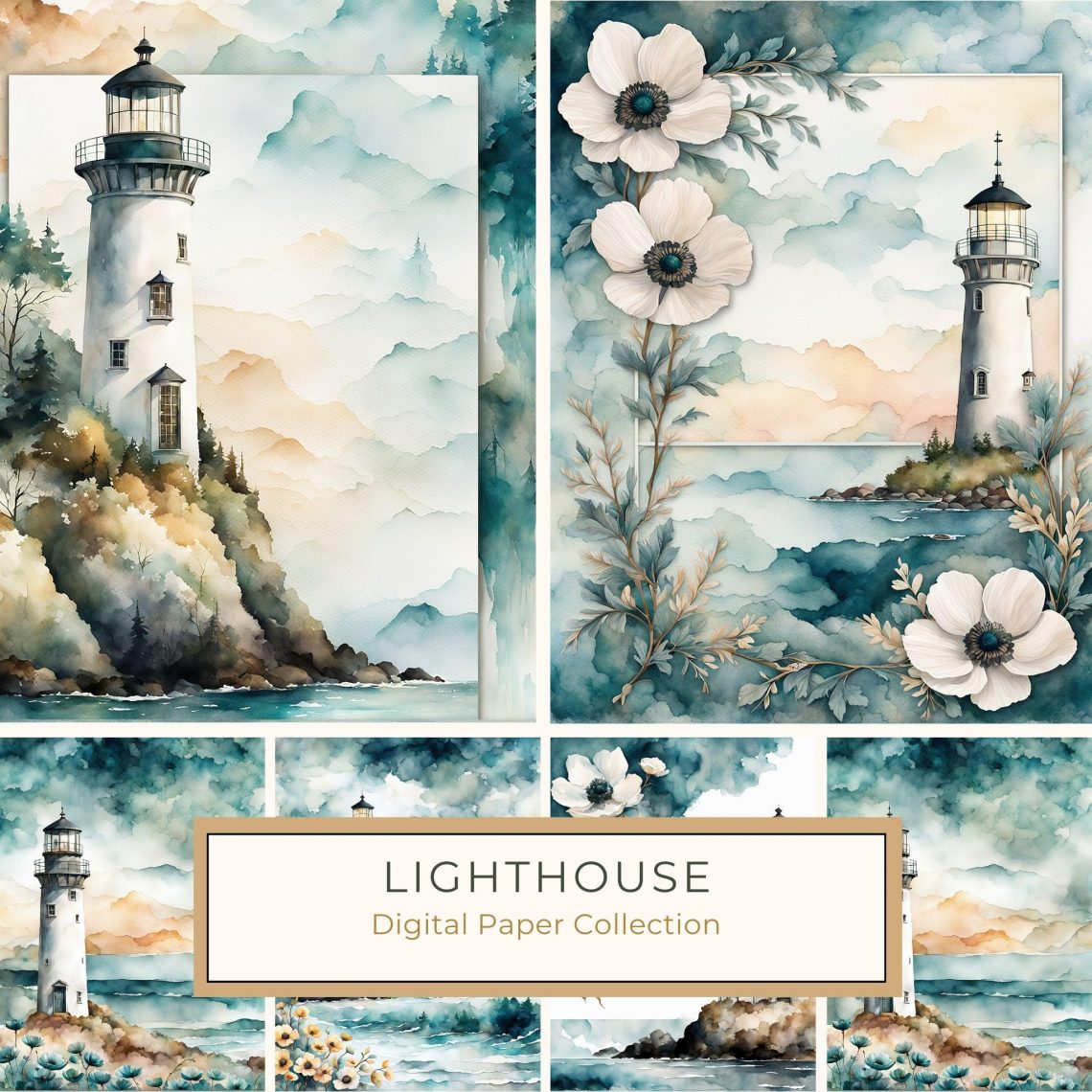 Watercolor Lighthouse & White Floral Digital Paper – Coastal Elegance, watercolor digital paper, coastal digital art, lighthouse clipart, floral scrapbook paper, DIY craft supplies,1779467954