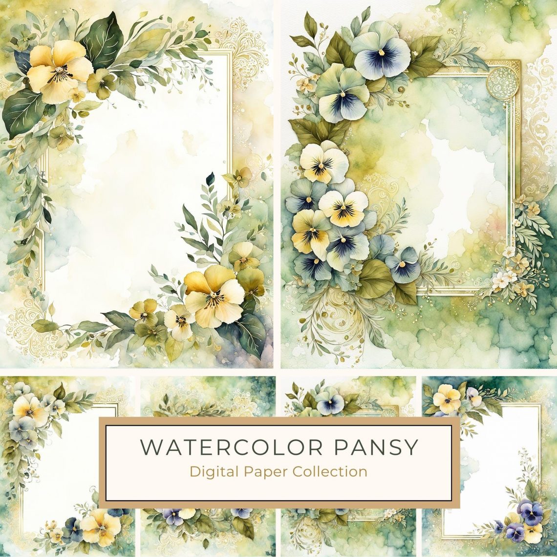 Watercolor Pansies Digital Paper: Elegant Floral Frame for DIY Projects, watercolor pansies, floral digital paper, botanical frame, DIY crafting, wedding invitations,1779611384