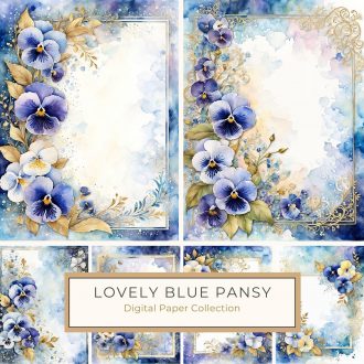 Watercolor Blue & Gold Pansy Floral Frame for Elegant Crafts, watercolor pansy paper, floral frame design, blue wedding clipart, gold accents digital, elegant DIY crafts,1779613190