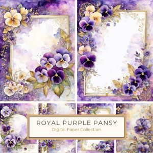 Elegant Watercolor Pansy Floral Digital Paper with Gold Accents, watercolor pansy, floral digital paper, gold accents, purple flowers, crafting background,1779626772