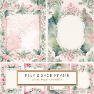 Elegant Watercolor Floral Frame Digital Paper with Soft Pink and Green Motifs, watercolor floral frame, pink and green leaves, wedding invitations, scrapbooking paper, vintage aesthetic,1781092478