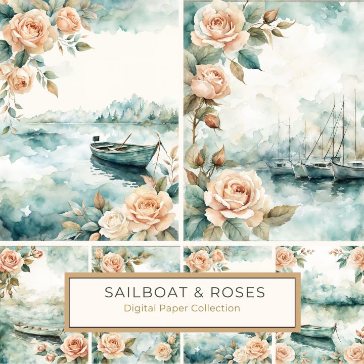 Romantic Watercolor Roses and Sailboat Digital Paper for Crafts, watercolor roses, sailboat art, romantic digital paper, nautical theme, DIY crafts,1793704333