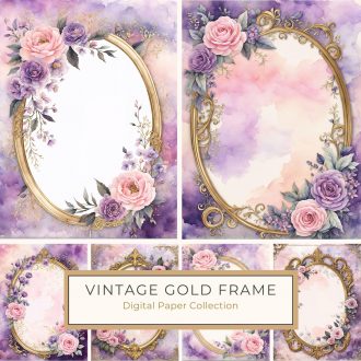 Elegant Watercolor Floral Frame with Pink Roses and Purple Background, watercolor floral frame, pink roses clipart, elegant purple background, wedding craft supplies, digital paper for scrapbooking,1793727105