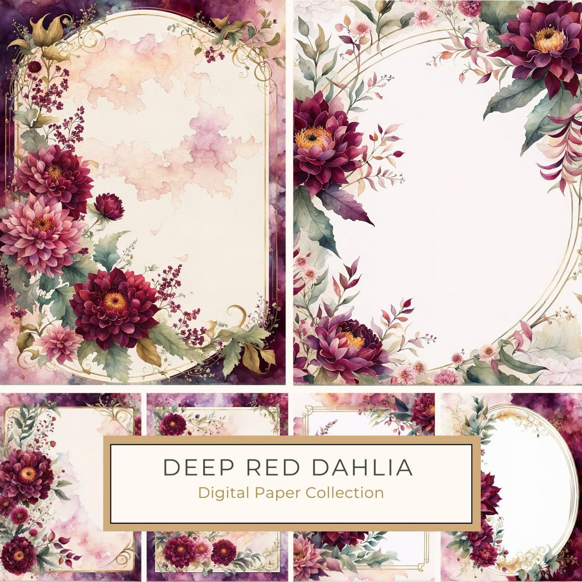 Elegant Burgundy Dahlia Watercolor Digital Frame with Gold Details, watercolor dahlia, burgundy floral frame, digital wedding stationery, DIY scrapbooking paper, gold accent clipart,1793733365