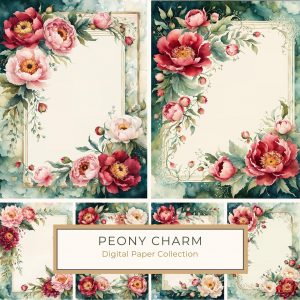 Elegant Watercolor Peony Frame Digital Paper – Vintage Floral Stationery, watercolor peony frame, vintage floral paper, wedding stationery design, elegant scrapbook background, DIY card making,1793797727