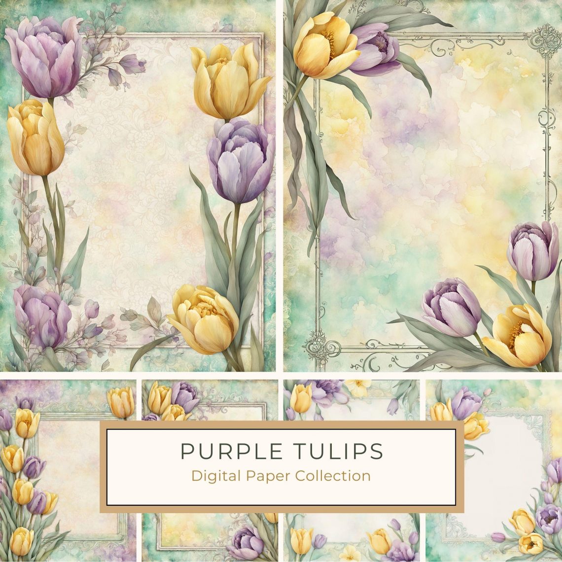 Watercolor Pastel Tulip Frame Digital Paper for Scrapbooking & Crafts, watercolor tulips, digital scrapbook paper, pastel floral frame, wedding invitation design, romantic crafts background,1793804469