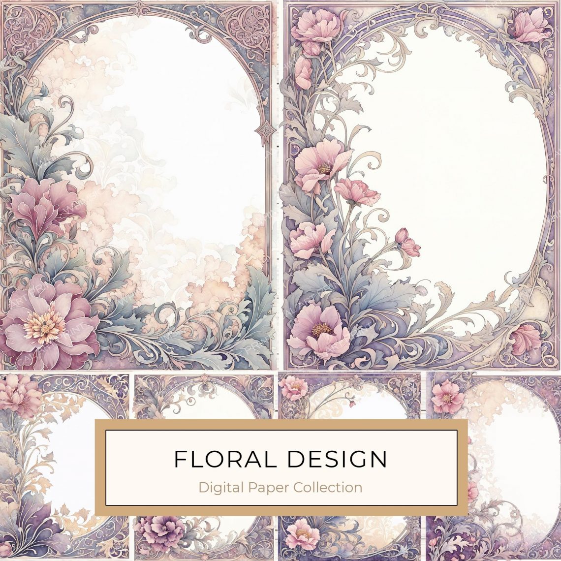 Elegant Watercolor Floral Frame | Vintage Botanical Border Digital Paper